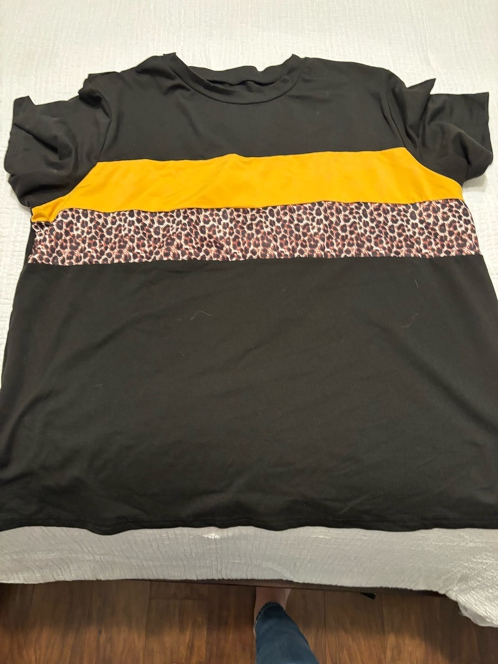 SHEIN Black Top with Mustard Stripe and Leopard Panel